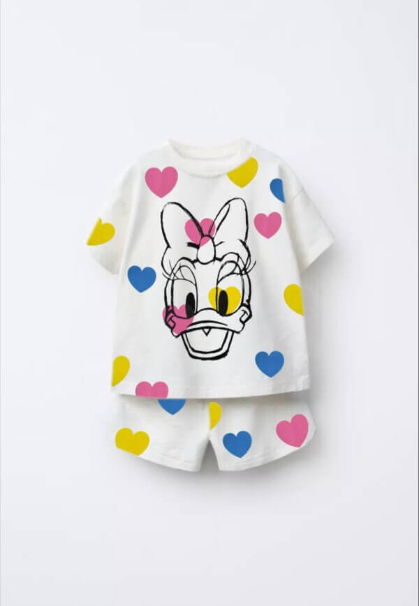 Ördek Renkli Kalp Baskılı Tshirt Şort Pantolon Takım