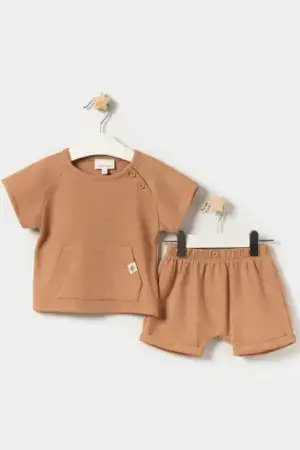 Kanguru Cepli Waffle Şortlu Unisex İkili Takım