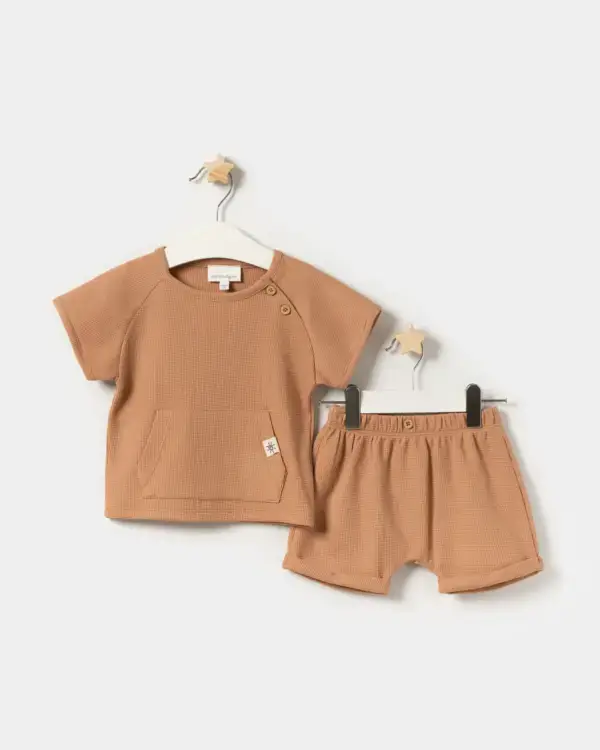 Kanguru Cepli Waffle Şortlu Unisex İkili Takım