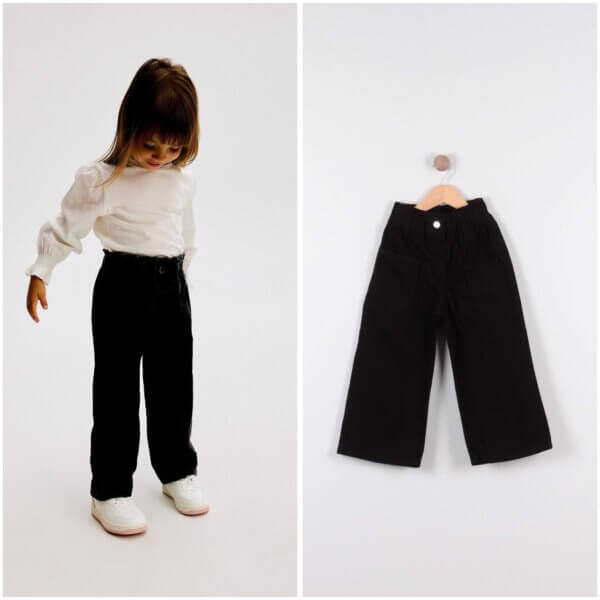 Siyah Wide Leg Kız Çocuk Oversize Kesim Kot Pantolon - Görsel 3