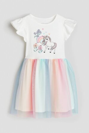 Gökkuşağı Unicorn Desenli Tül Etekli Elbise