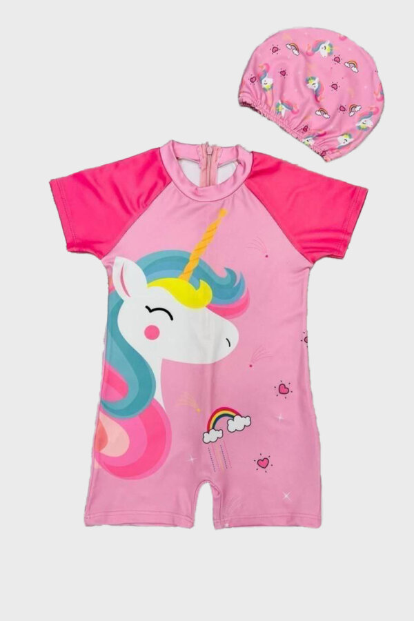 Pembe Unicorn Desenli Fermuarlı Boneli Kız Çocuk Mayo Takımı